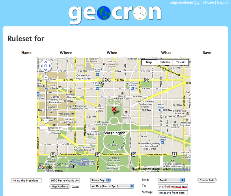Rule creation screen in the geocron web application