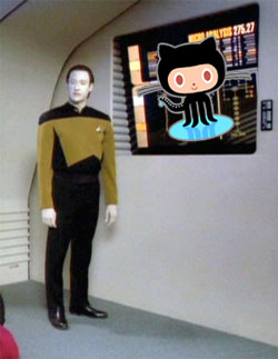 picture of Lt. Commander Data standing in front of a screen with the GitHub log