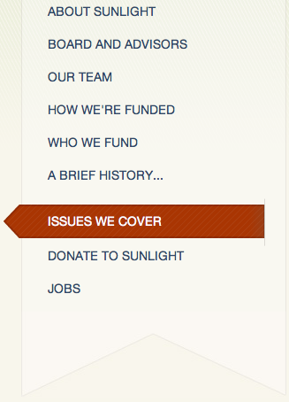 A screenshot of the 'Issues We Cover' page in the Sunlight Foundation's About section of the website.