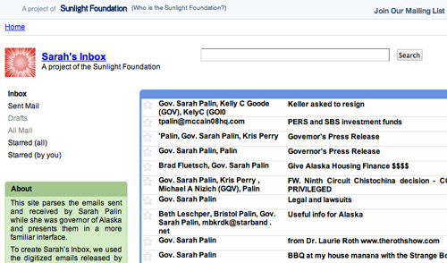 A screenshot of Sarah's Inbox, a project of the Sunlight Foundation.