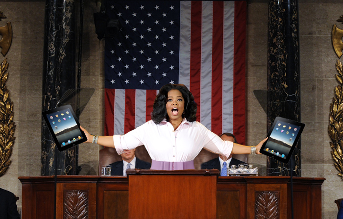A composite and very fictional image of Oprah standing over Congress doing her "favorite things" episode saying "You get an iPad, you get an iPad and you get an iPad" to every member of the Senate.