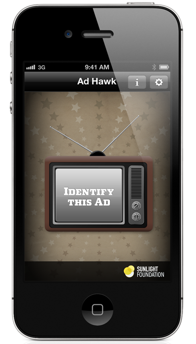 An image of an iPhone running the Sunlight Foundation's Ad Hawk application.