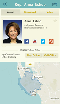 A screenshot of Rep. Ann Eshoo's profile from the Sunlight Foundation's new Congress app for iOS devices.