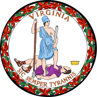 The seal of Virginia, depicting a female figure with a spear standing over a fallen combatant.