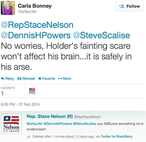 The deleted response caught by Politwoops to a tweet from U.S. Senate challenger and state Rep. Stace Nelson that reads "you ASSume something nit in evidenceam."