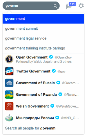 Searching "government" in Twitter's autocomplete field yields easy results.