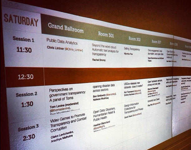The wall of TransparencyCamp, a projected schedule with boxes of session topics.