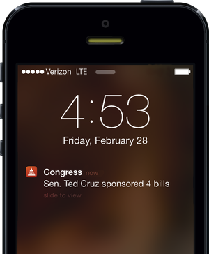 iPhone lock screen showing a notification that Sen. Ted Cruz has sponsored four bills