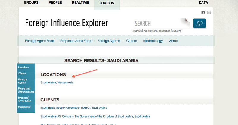Screenshot from Foreign Influence Explorer showing search results for Saudi Arabia