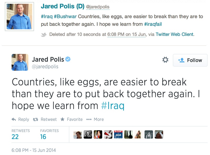 The deleted and non-deleted versions of a tweet from Rep. Jared Polis, D-Colo.
