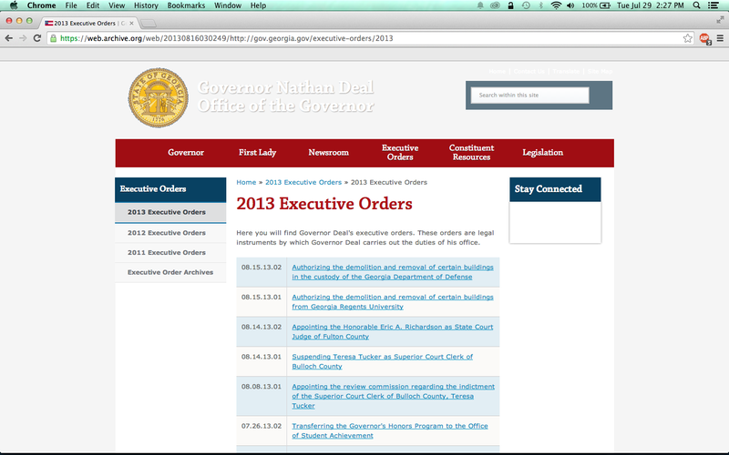 Screen capture of Internet Archive/Wayback Machine cache of the Georgia Governor's website from September 29, 2013.