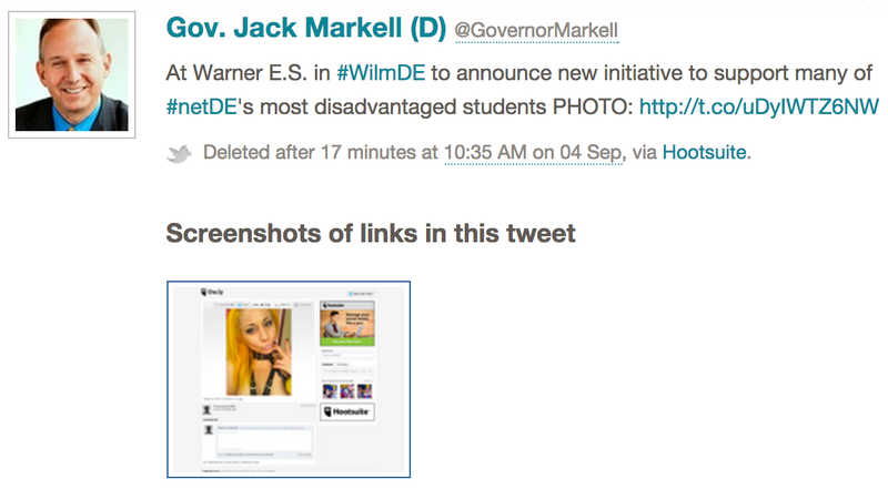 A deleted tweet from the official account of Gov. Jack Markell, D-Del., that included an unusual image selection caught by Politwoops.