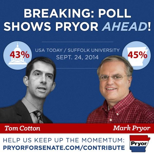 A deleted photo from a tweet of Sen. Mark Pryor that was caught by the Sunlight Foundation's Politwoops project and celebrates a rare poll showing him leading in the Arkansas senate race against Rep. Tom Cotton.