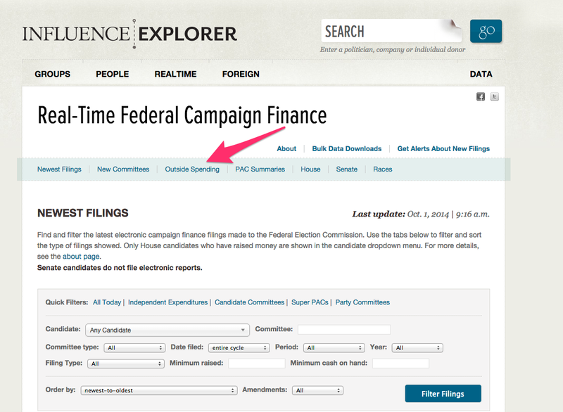 image of Real-time influence explorer home page with arrow pointing to outside spending tab