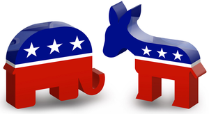 Red white and blue symbols of an elephant and a donkey
