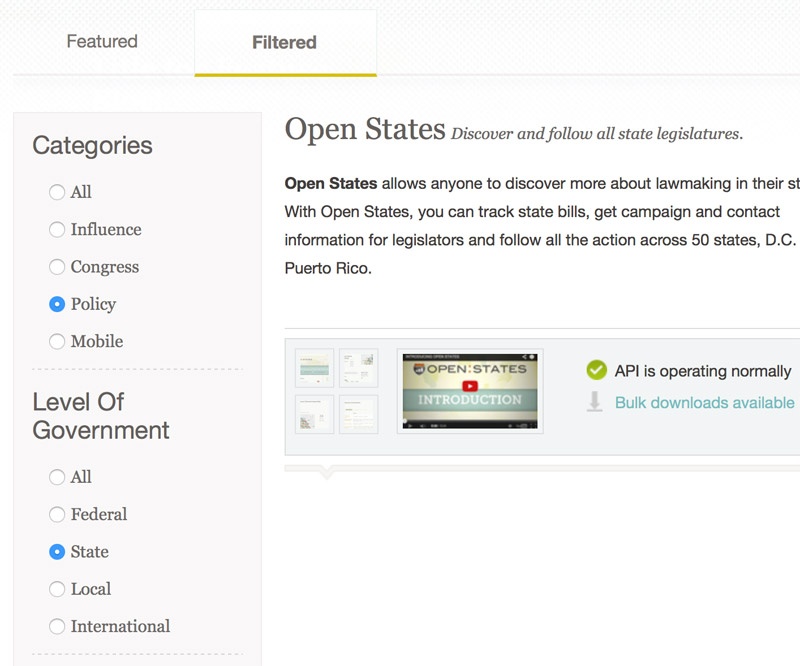 A screenshot of the filtering options on the new Sunlight Foundation tools page.
