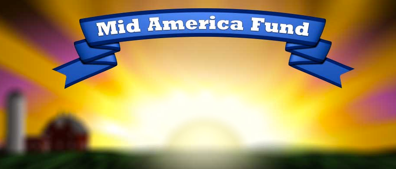Logo of the Mid America Fund, showing the organization's name above the sun rising near a barn and a silo. 