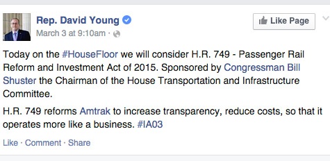 The deleted Facebook status from the official account of Rep. David Young, R-Iowa, that was removed after sharing a Politwoops blog post.