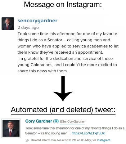 An Instagram message that caused an awkward truncation when sent via Twitter, which was later deleted from the official account of Sen. Cory Gardner, R-Colo.