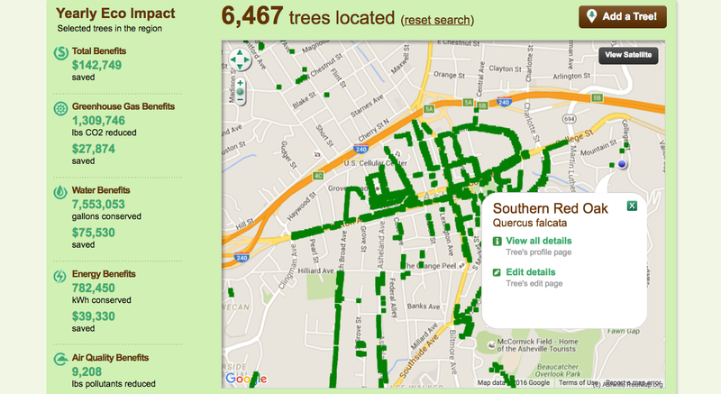 A map with dots along streets where trees are located.