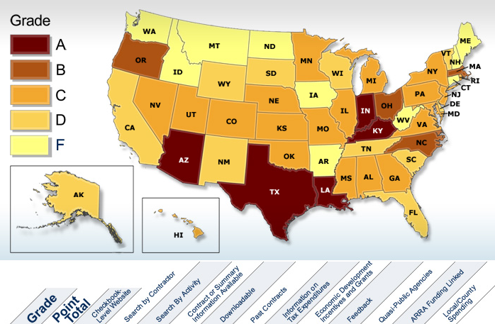 A map of the transparency grades from the US PIRG's Following the Money 2011 study.