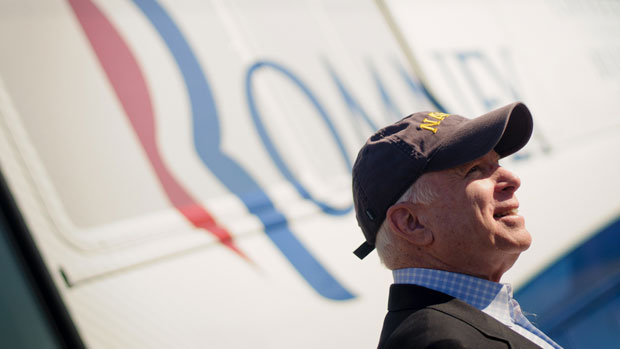 John McCain outside Mitt Romney campaign bus