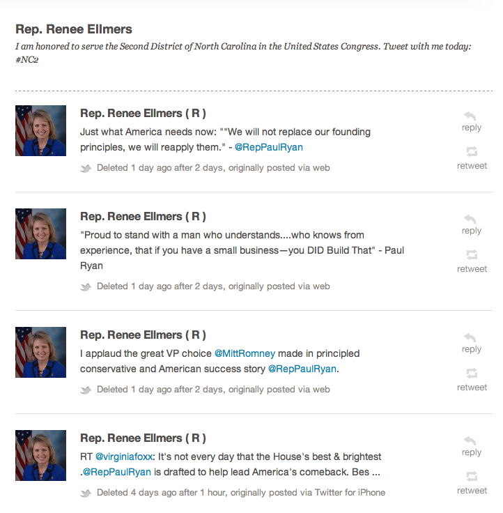 Deleted tweets by Rep. Renee Ellmers, R-N.C.