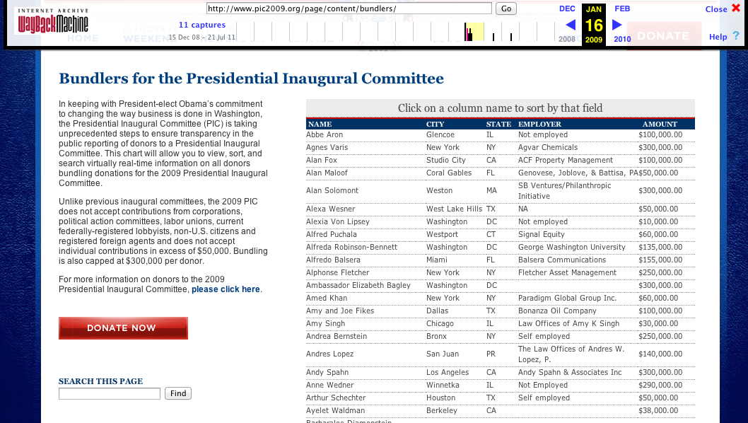 Screenshot of Obama 2009 inaugural committee donors