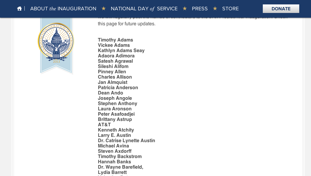 A screen shot of donors to the Obama presidential inaugural committee
