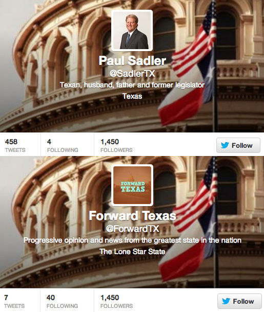 Screenshots of Paul Sadler's twitter account changing from his campaign @SadlerTX to @ForwardTX.