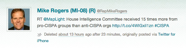 Mike Rogers (MI-08) deletes a tweet about CISPA that is picked up by the Sunlight Foundation's Politwoops project.
