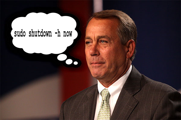 john boehner with a thought bubble saying 'sudo shutdown -h now'