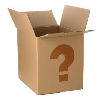 Brown cardboard box with a question mark.  Isolated on white.