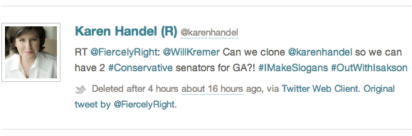 A deleted retweet captured by Politwoops from Karen Handel, a challenger for the U.S. Senate in Georgia.