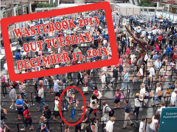 An image deleted by Sen. Tom Coburn, R-Okla., that shows Waldo of Where's Waldo fame in a TSA checkpoint line at an airport with stamped red text that says 'Wastebook 2013 out Tuesday December 17,2013'.