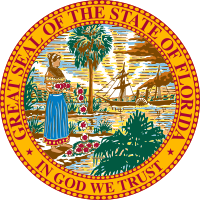 The seal of Florida, depicting palm trees, the ocean and a blazing sunset.
