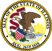 The seal of Illinois, depicting an eagle on a rock, holding a red, white and blue shield.