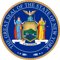 The seal of New York, depicting two women beside a landscape of a distant hill.