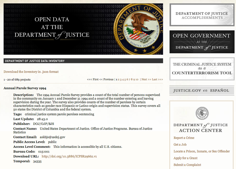 A screenshot of the Department of Justice's data page featuring the metadata which includes title, contact information and a URL for downloading the data set among other information.