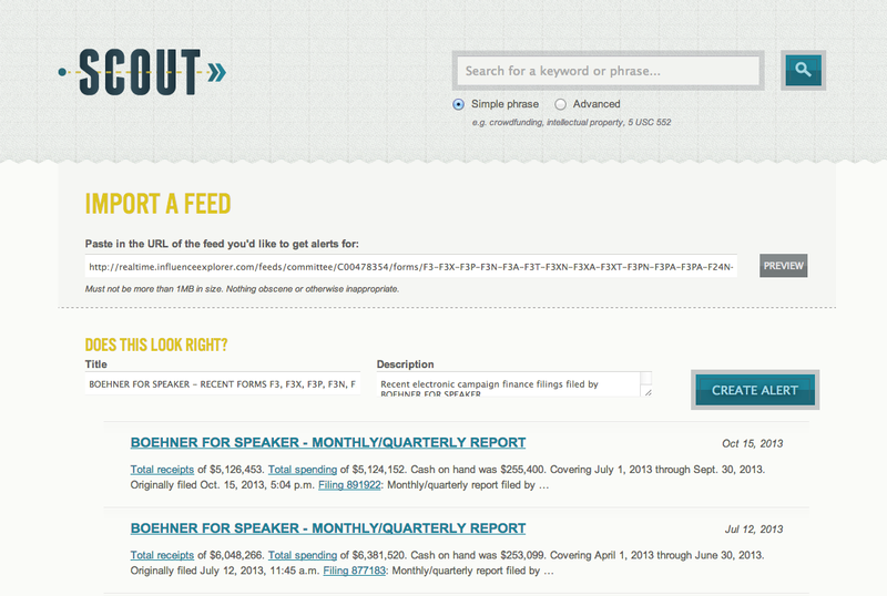 A screenshot from Sunlight's Scout page showing the page to create an alert for new Real-Time FEC filings from the Boehner for Speaker committee 