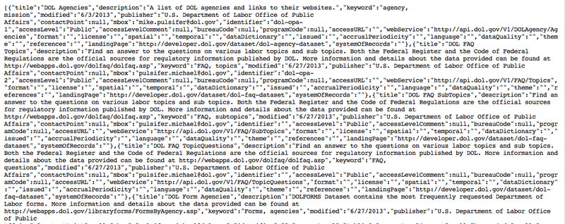A screenshot from the Department of Labor's public JSON of its data inventory