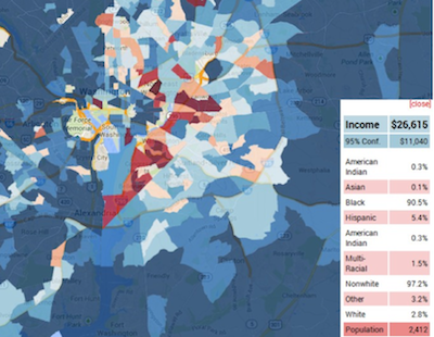An image of a map showing median household income in DC by census tract