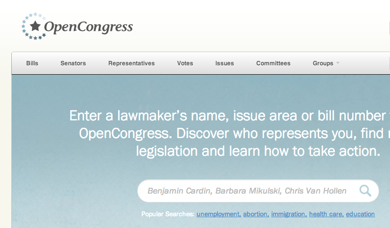screenshot of Open Congress home page including the logo and introductory search bar