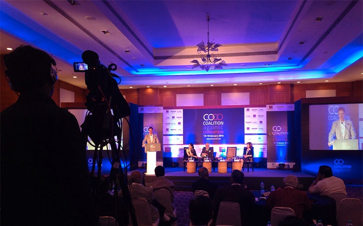 A photo of the stage at the 2014 Coalition Against Corruption Conference in Bangalore, India.