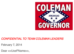 The letterhead of a confidential email intended for "Team Coleman Leaders" that was caught by Politwoops.