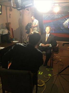 An image from Facebook that was deleted and caught by the Sunlight Foundation's Politwoops project of Rep. Randy Weber, R-Texas, seated under lights for a television interview.