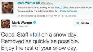 A deleted tweet caught by Politwoops and the response from Sen. Mark Warner's official Senate account.