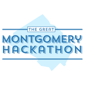 The Great Montgomery Hackathon logo sitting atop a light blue area shaped like Montgomery County, Maryland
