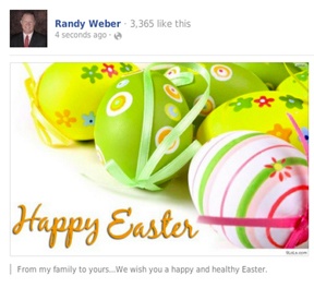 A Happy Easter wish from Rep. Randy Weber's Facebook account that was deleted along with the associated tweet and captured by the Sunlight Foundation's Politwoops project.